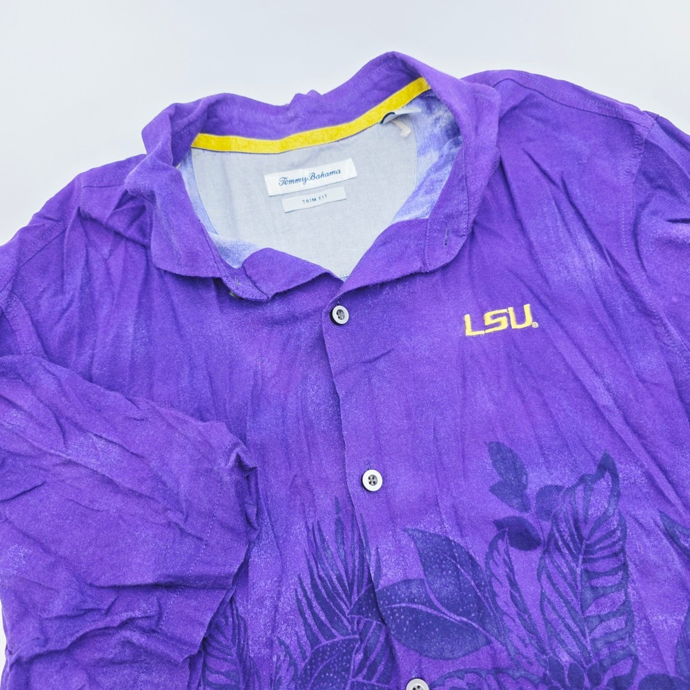 Tommy Bahama LSU Tigers Mens XL Trim Fit Purple Tropical Camp Shirt Button Up